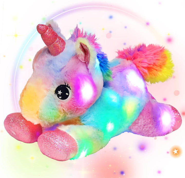 Bunt LED Einhorn Plüschtier mit bunter Nachtlicht Funktion, Leuchtendes Kuscheltier glüht im Dunkeln