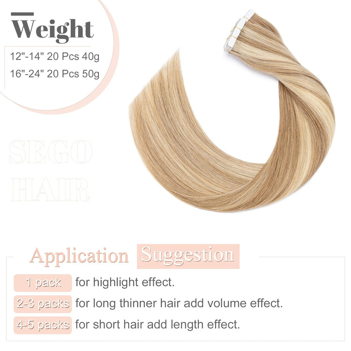 SEGO Tape in Extensions Echthaar Haarverlängerung 20 Pcs 2.5g/Tresse Klebeband Band Haarteil glatt K