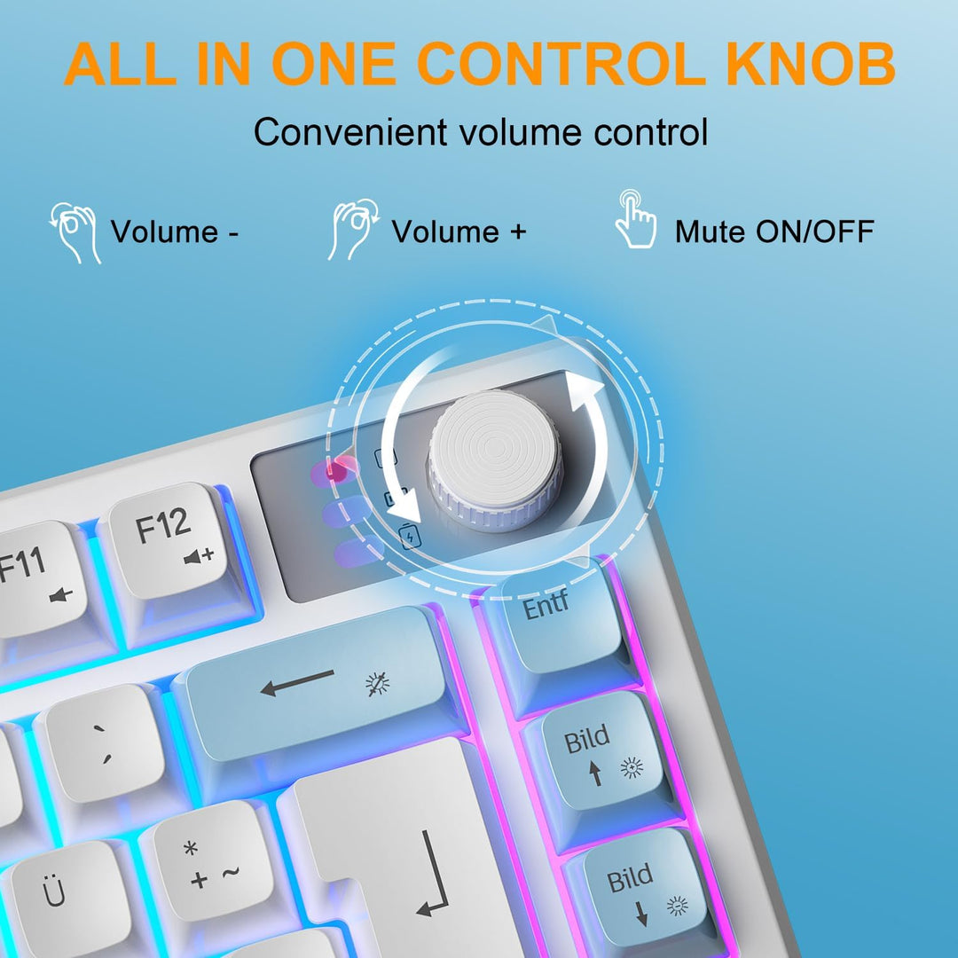 75% Tastatur und Maus Set Kabelloses, QWERTZ DE Layout Kompakte Gaming Tastatur mit Lautstärkeregler