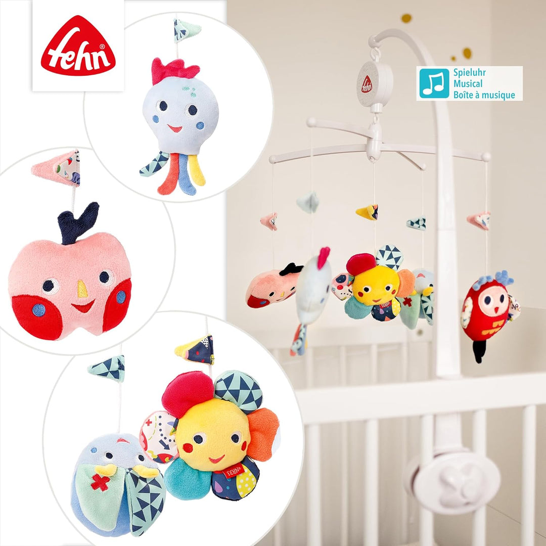 Fehn Musik Mobile COLOR Friends - Baby Einschlafhilfe Musikspielzeug mit süssen Tieren - Babymobile