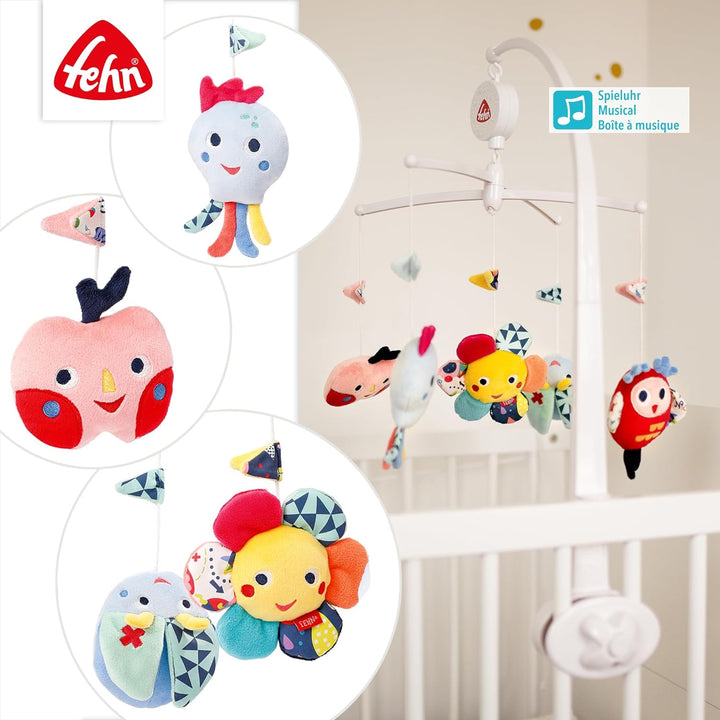 Fehn Musik Mobile COLOR Friends - Baby Einschlafhilfe Musikspielzeug mit süssen Tieren - Babymobile