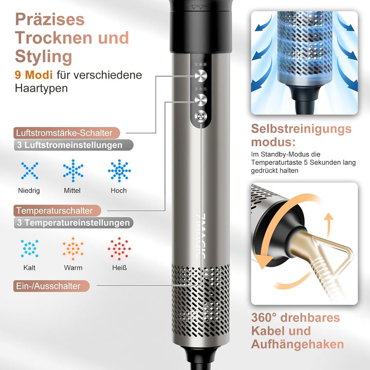 6 in 1 Airstyler, Ionen Föhn, Multifunktionaler Hairstyler, 110000 U/Min, Professioneller Warmluftbü