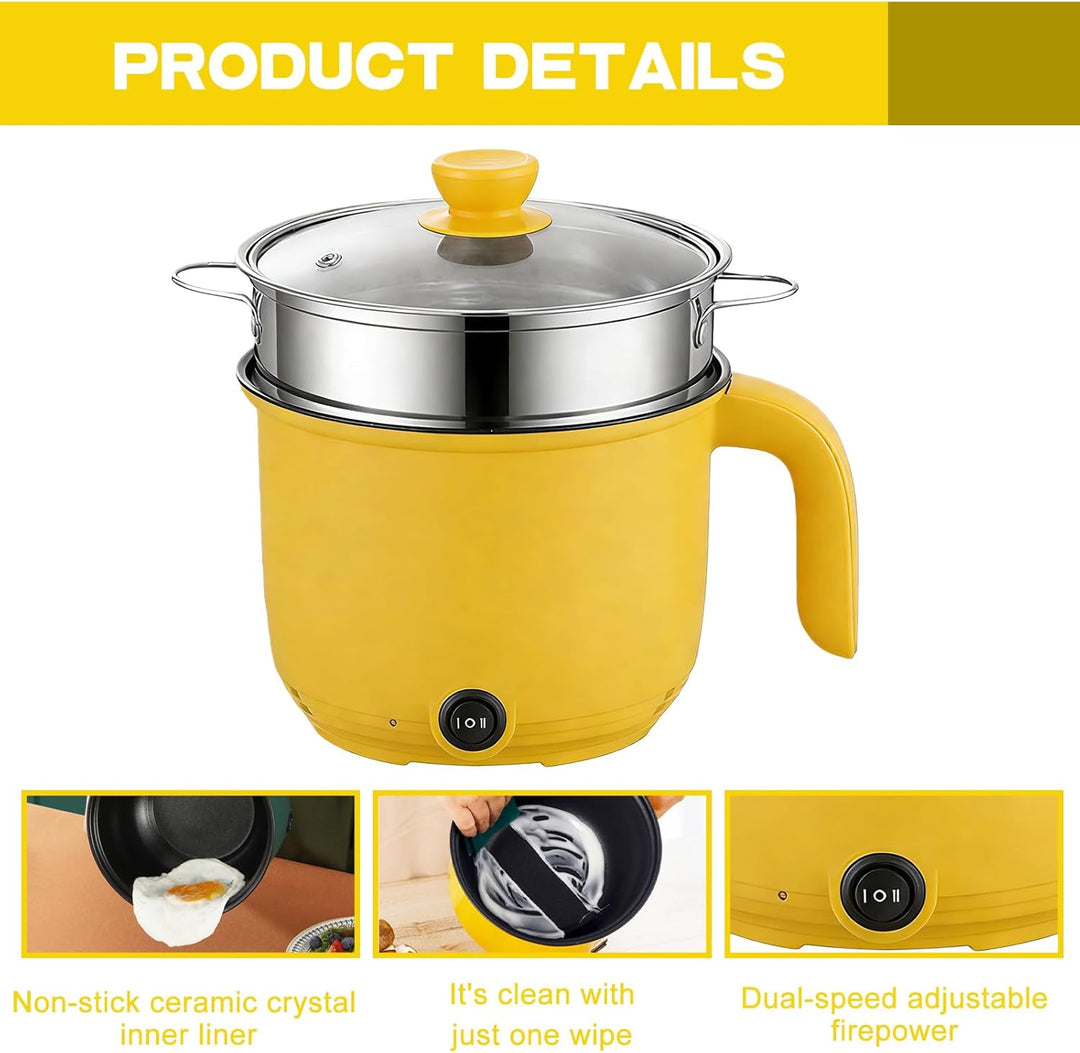 Elektrische Hot Pot Topf, 1.5L Kleiner Elektrischer Kochtopf mit Dämpfkorb aus Edelstahl, 600W Tragb