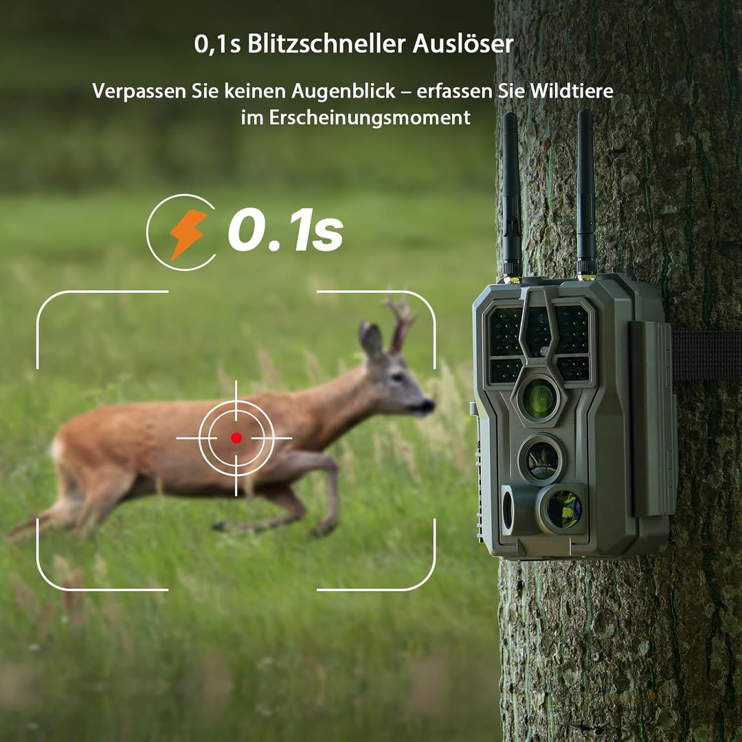 GardePro E8 2.0 Wildkamera Dual Antenne WLAN mit 64GB SD Karte, 64MP H.264 4K Video, 30m Infrarot Na