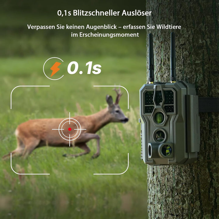 GardePro E8 2.0 Wildkamera Dual Antenne WLAN mit 64GB SD Karte, 64MP H.264 4K Video, 30m Infrarot Na