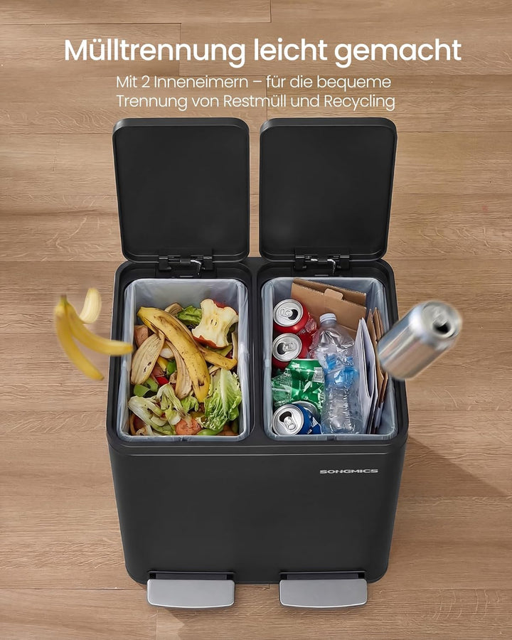 SONGMICS Mülleimer Küche, 2 x 15 L, Mülltrennsystem 2 Fächer, Abfalleimer mit 15 Müllbeuteln, Tretmü