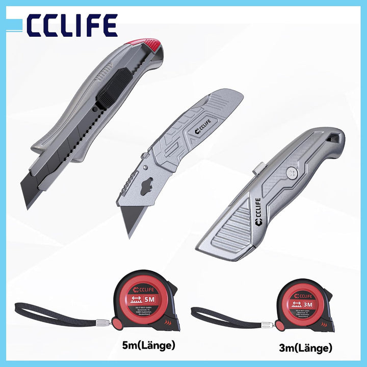 CCLIFE Cuttermesser Massband Set 7-teilig Aluminium Werkzeugset | 3 Aluminium-Cuttermesser Set für H