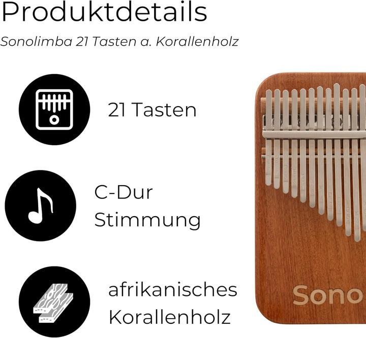 Kalimba "Sonolimba" mit 21 Schlüsseln in C - Dur aus Korallenholz. Daumenklavier inkl. Set mit Liede
