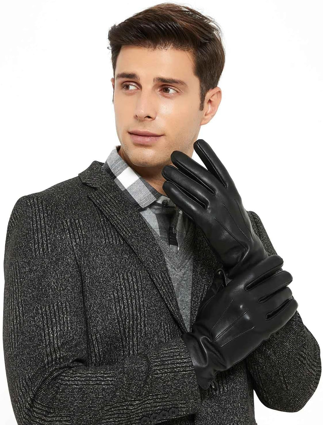 ZLUXURQ Herren Weiches Lammfell Leder Touchscreen Winter Fahrhandschuhe Kaschmir Gefüttert, bequem u