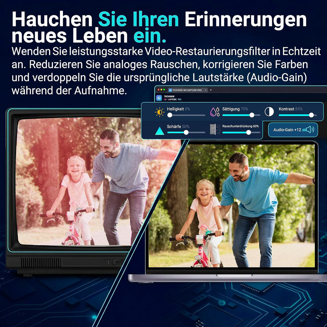 TechSide VHS Analog-Digital-Konverter + Scart-Adapter | Neue Version 2024 | Windows 11 + Neue Softwa