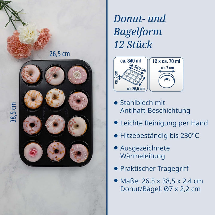 Dr. Oetker 12er Donutbackform TRADITION, Donutform mit Antihaftbeschichtung, hochwertige Backform mi