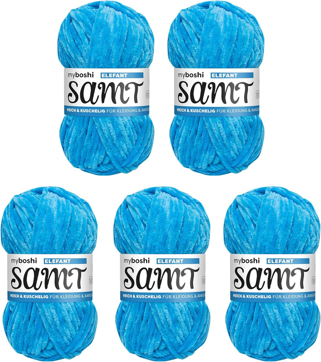 myboshi Samt, 100% Chenille-Garn, Blau - Elefant, 100g, 100m, 5 Knäuel, Wolle zum Häkeln und Stricke