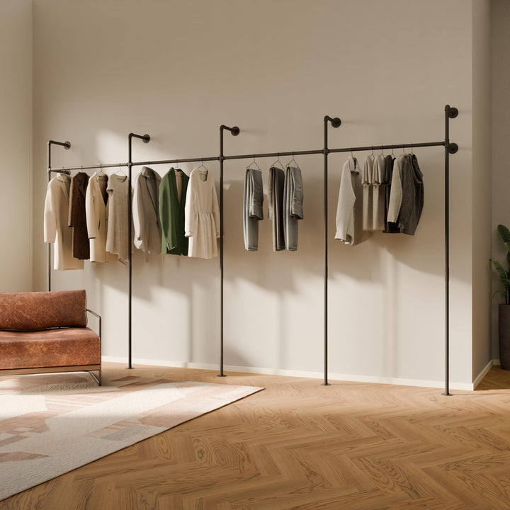 pamo Kleiderstange Wandmontage 392 x 222 cm – 440 kg Traglast 4 Schwarz, 4 Schwarz
