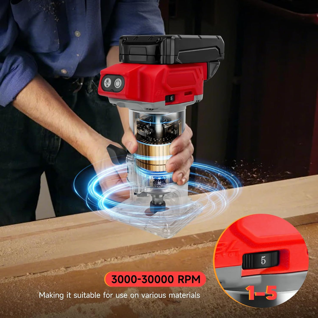 Akku Oberfräse kompatibel für Milwaukee 18V Batterie, 800W bürstenloser Trimmer Router mit 5 Gängen,