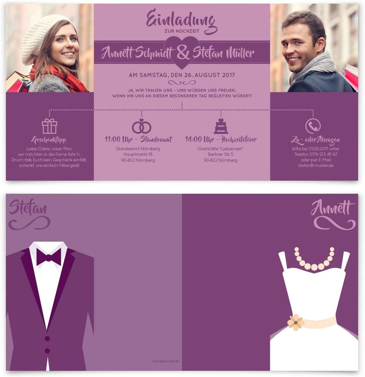 Hochzeitseinladungen (30 Stück) - Braut und Bräutigam Altarfalz - Hochzeitskarten in Lila