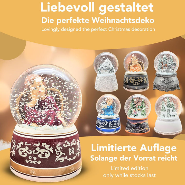 Schneekugel Weihnachten mit Musik | Engel rot verträumt Gold | Sockel rot Gold Ornamente | H: 14cm B