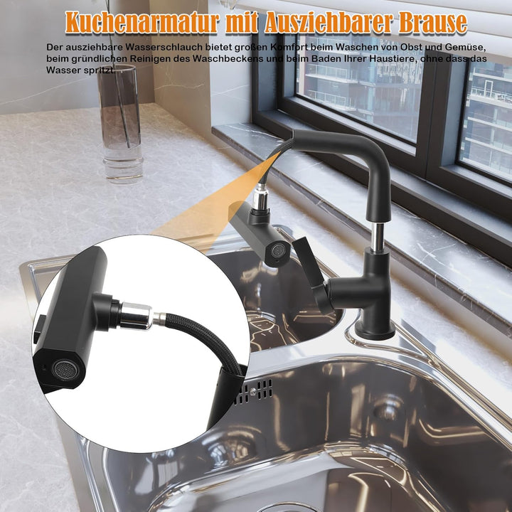 Wasserhahn Küche Schwarz, Küchenarmatur Ausziehbar,digtale Anzeige, Spültischarmatur mit Brause Drei