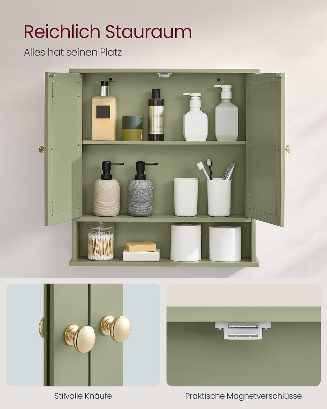 VASAGLE Spiegelschrank, Badschrank, Wandschrank, Hängeschrank mit 2 Spiegeltüren und offenem Fach, v