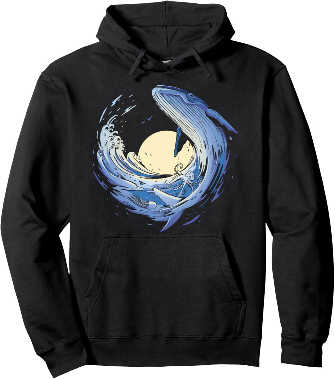 Ein Wal, Oktopus, Qualle und Delfin in einer Meereswelle Pullover Hoodie