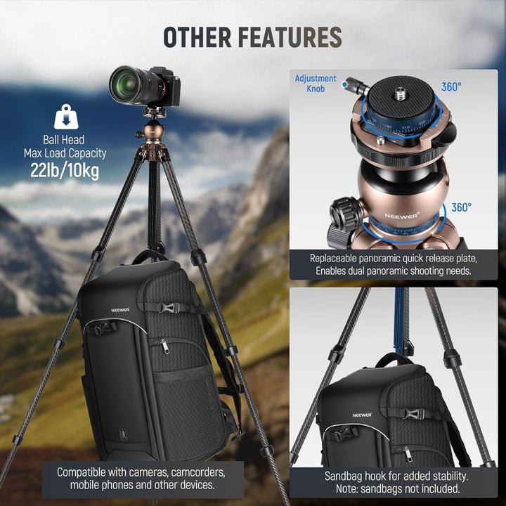 NEEWER LITETRIP LT35 155cm Carbon Stativ Reisestativ mit Pan Tilt Low Profile Kugelkopf Arca QR Plat