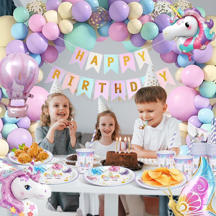 147 Stück Einhorn Geburtstag Partygeschirr Set, Pappteller Kindergeburtstag Deko Luftballons, Einhor