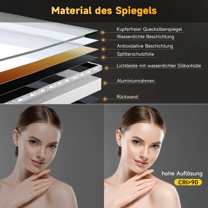 Elegant Badspiegel mit LED-Beleuchtung Energiesparend Lichtspiegel 60 x 50 cm kaltweiss IP44 Badezim