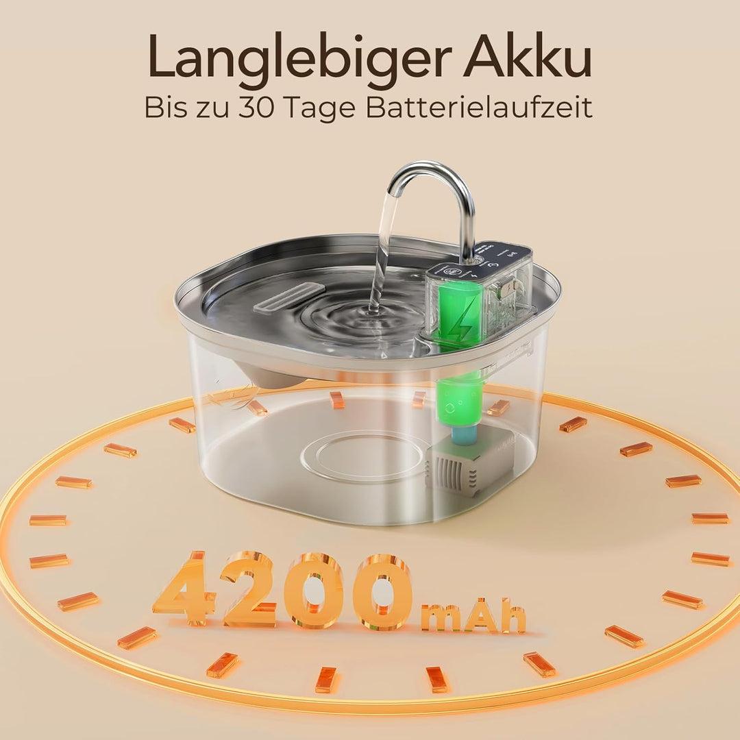 Voluas Edelstahl Katzenbrunnen - Drahtloser Haustierbrunnen mit Batteriebetrieb, 108oz/3,2L, Automat