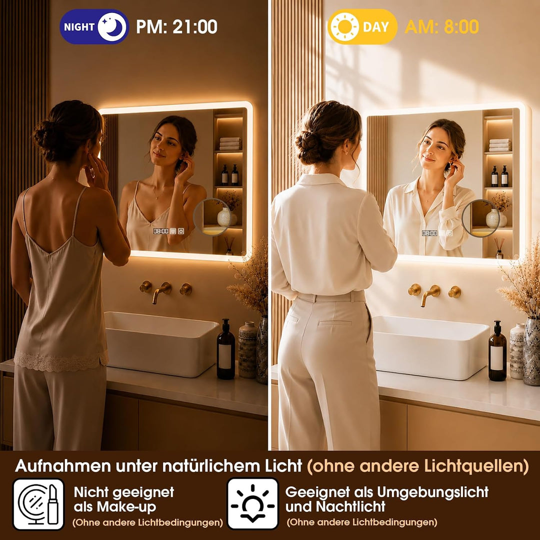 Badspiegel mit Beleuchtung, 60 x 80 cm Zeit anzeigen 3 Farben Dimmbar | Spiegel mit LED Licht Anti N