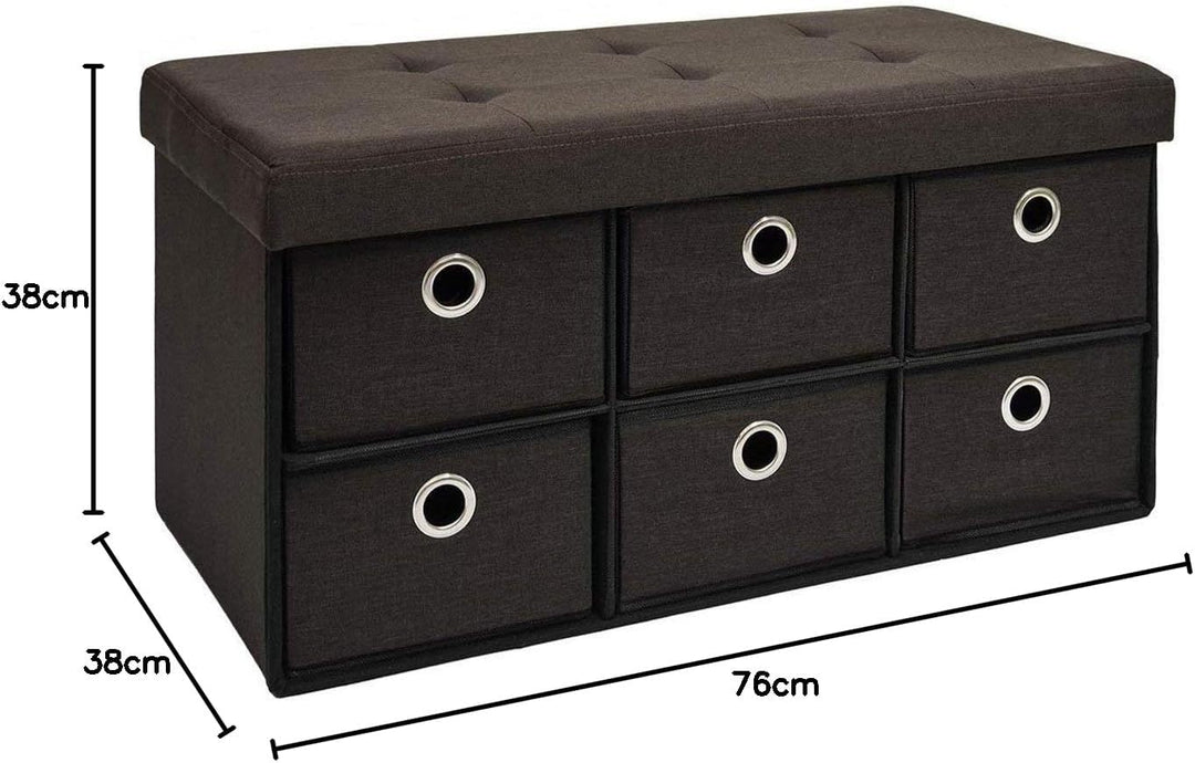 DuneDesign Faltbare Sitzbank 76x38x38cm inkl. 6 Schubladen Sitztruhe 80L Polsterbank Ottomane Leinen