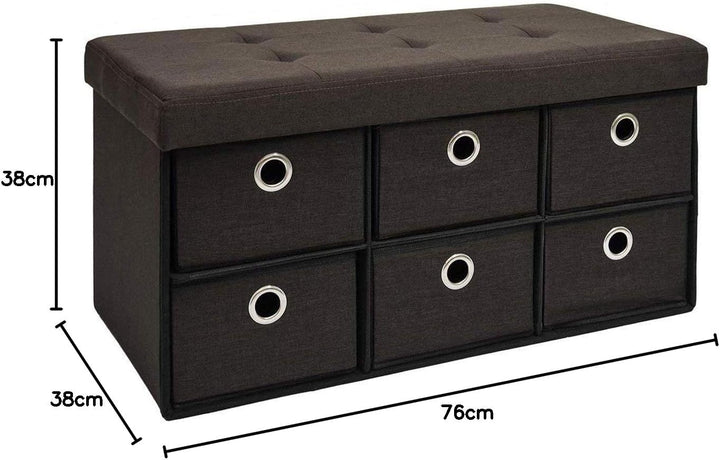DuneDesign Faltbare Sitzbank 76x38x38cm inkl. 6 Schubladen Sitztruhe 80L Polsterbank Ottomane Leinen