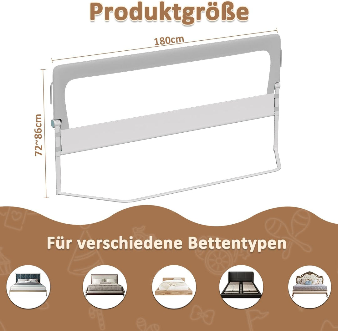 180 cm Bettgitter Rausfallschutz Klappbar, 72-86 cm höhenverstellbar Rausfallschutz Kinderbett, zusa