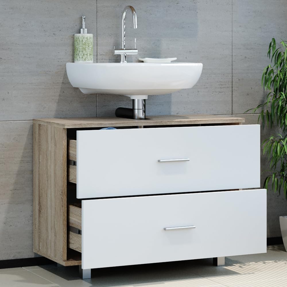 VICCO Waschbeckenunterschrank Ilias Schublade Unterschrank Badezimmer, Sonoma-weiss