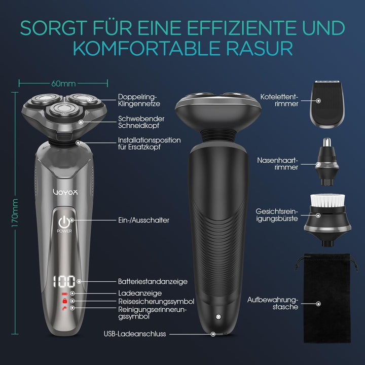 VOYOR Rasierer Herren Elektrisch Nass und Trockenrasierer Wiederaufladbarer Elektrorasierer mit LCD-