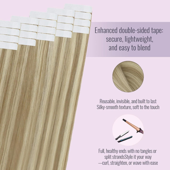 Fshine Tape Extensions Echthaar Goldblond Highlights Hellblond 50 cm Echte Haare Extensions Echthaar