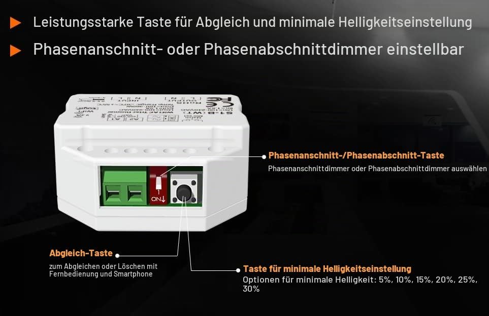 230V Dimmer mit Wifi + Funk + Push-Dim, TRIAC, universell einstellbar für LED mit Phasenan- oder Pha