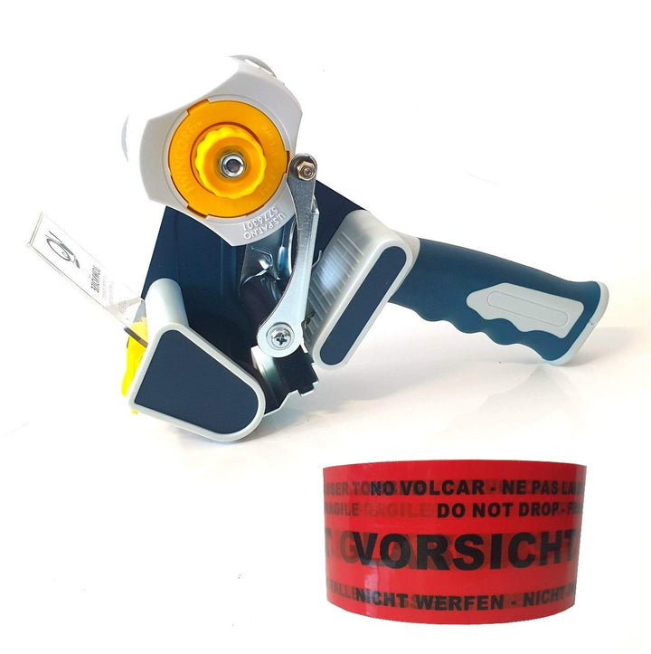 Packbandabroller mit Packband "Vorsicht Glas" mit Sicherheitsvorrichtung, Bremse I für Klebeband bis