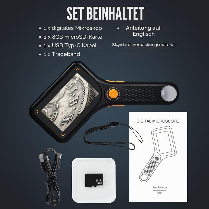 Digitales Mikroskop mit IPS-Bildschirm, Autofokus, USB-Lupe, 64 GB, Unterstützung für Münzen, Schmuc