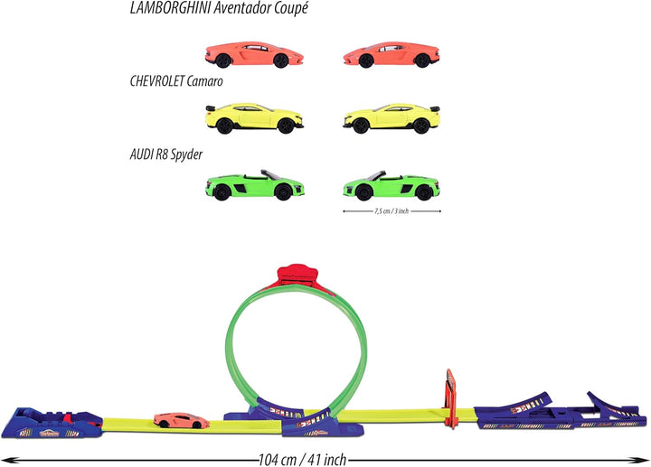 Majorette - Racing Loop – Startbahn – Autostarter – Looping und Sprung – 3 Fahrzeuge inklusive – ab
