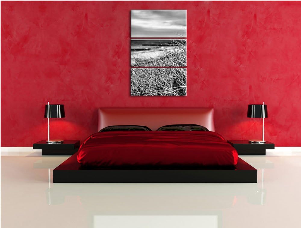 Pixxprint Monocrome, Sanddünen mit Schilfgras am Meer 3-Teiler Leinwandbild 120x80 Bild auf Leinwand