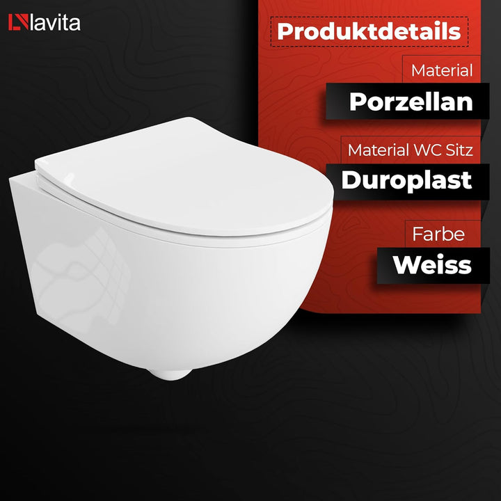 LAVITA Wand-WC Brava Hänge Toilette WC Sitz Toilettendeckel mit Absenkautomatik & Metallscharniere T