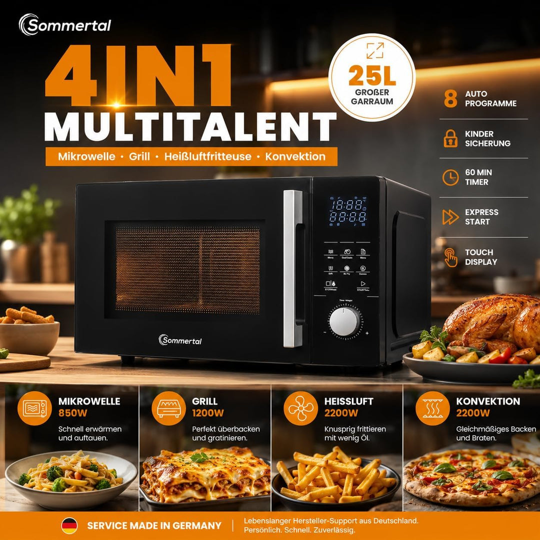 4in1 Mikrowelle Schwarz - Grill, Heissluft-Fritteuse, Konvektion -2200 W, 8 Programme, 60 Min Timer,