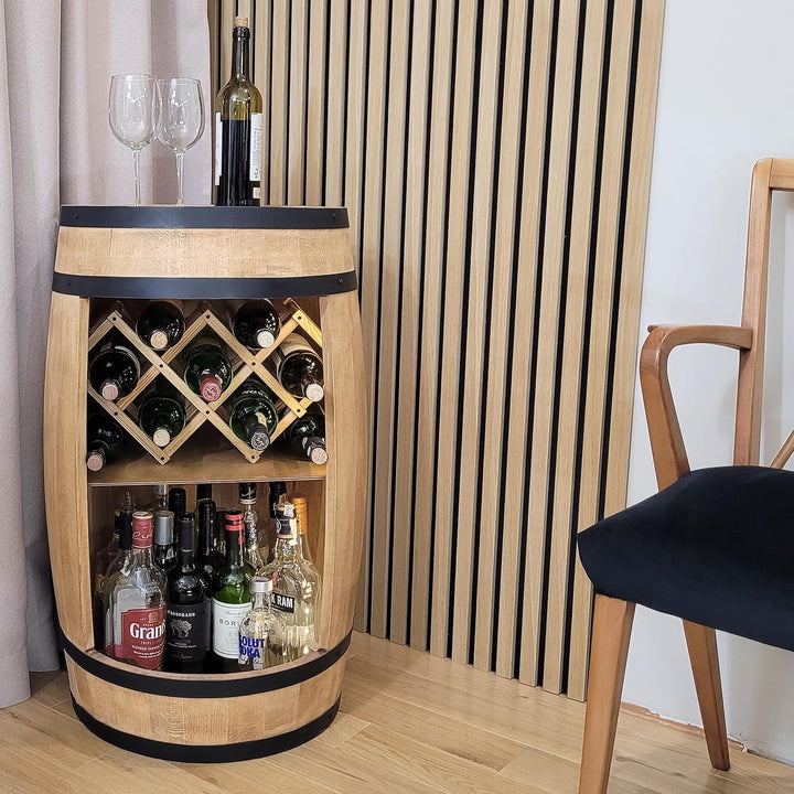 weeco Fassbar mit Weinhalter und LED Beleuchtung - Holzfass Hausbar 80cm. Rustikaler deko Barschrank