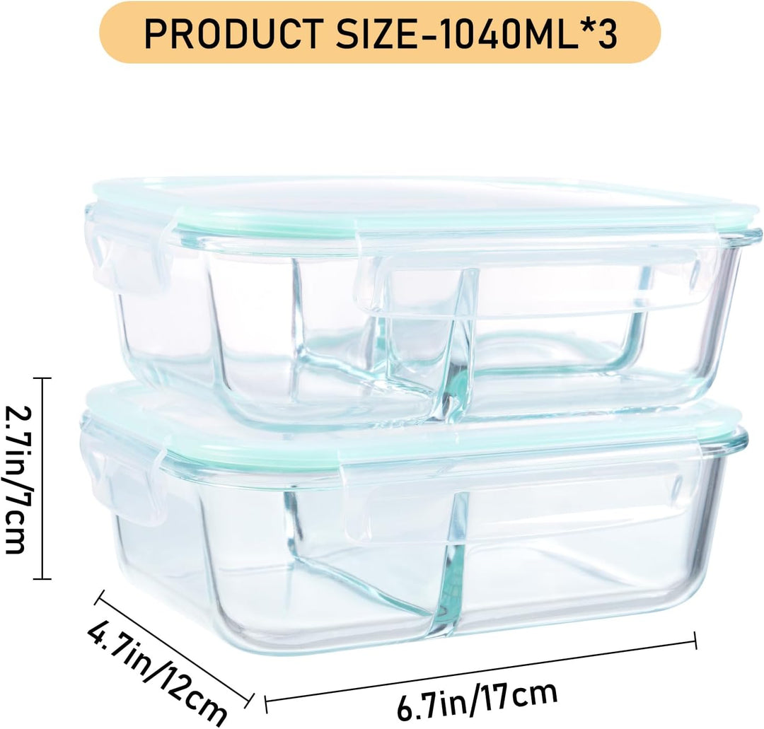 LXUDN Meal Prep Boxen Glas 2 Fächer & 3 Fächer - Mealprepboxen Glas (3 Behälter + 3 Deckel) - Vorrat