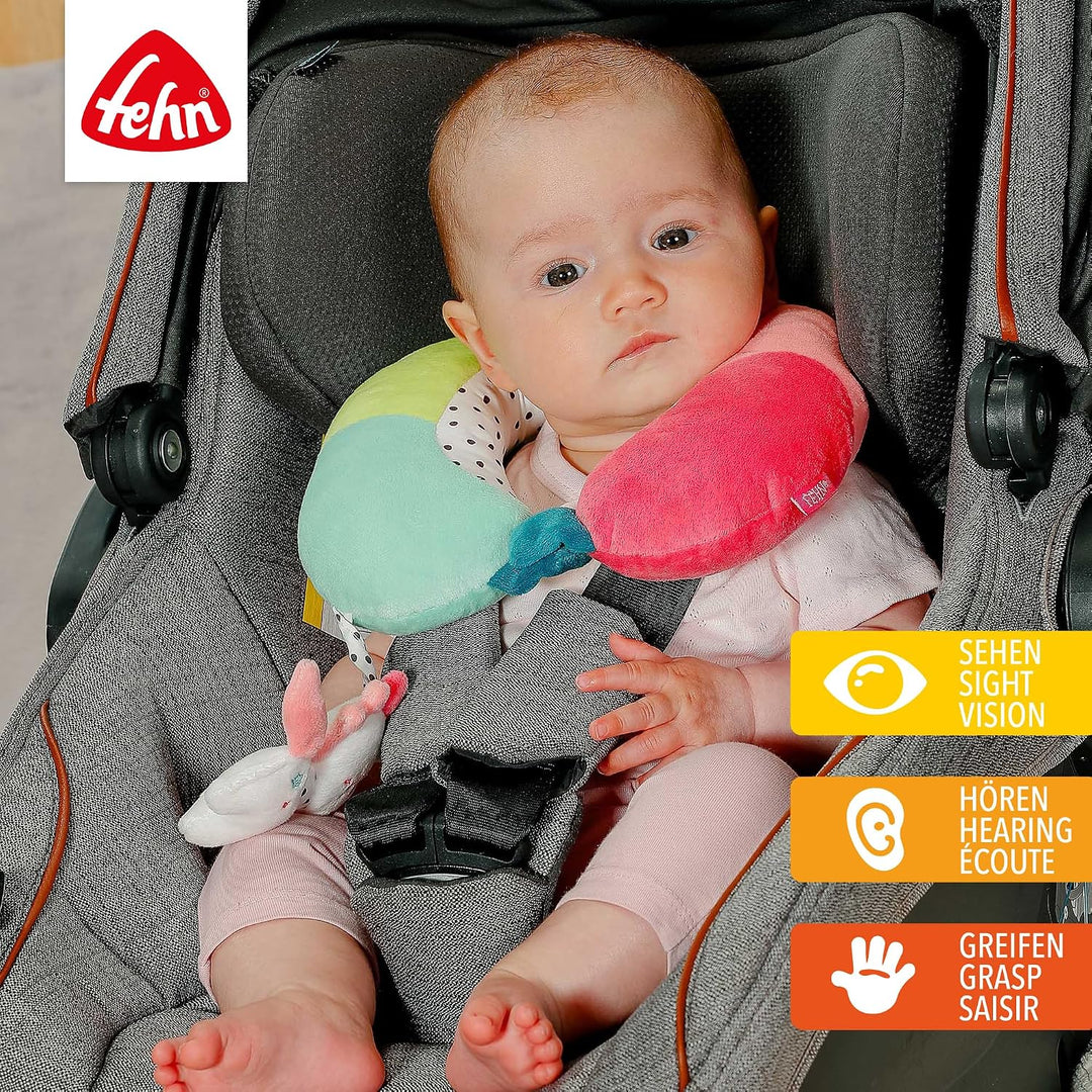 Fehn Nackenstütze Einhorn – Nackenkissen mit kleinem Rassel-Tier – Ergonomische Form des Nackenhörnc