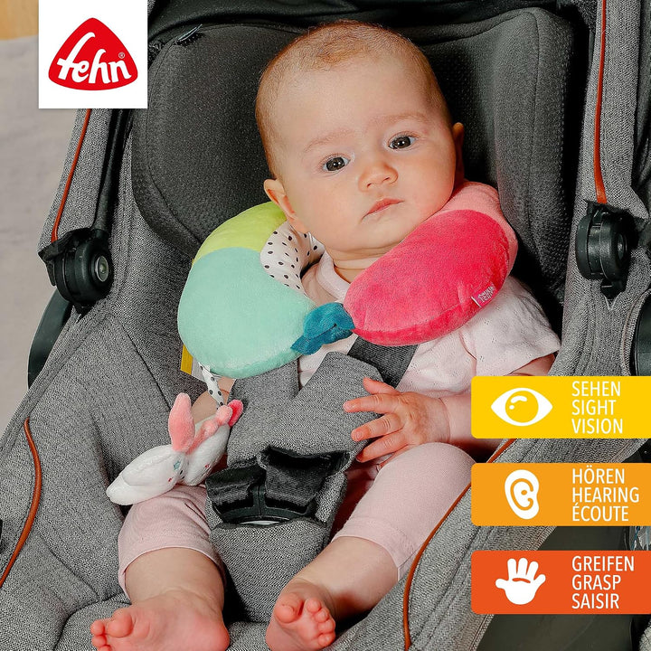 Fehn Nackenstütze Einhorn – Nackenkissen mit kleinem Rassel-Tier – Ergonomische Form des Nackenhörnc