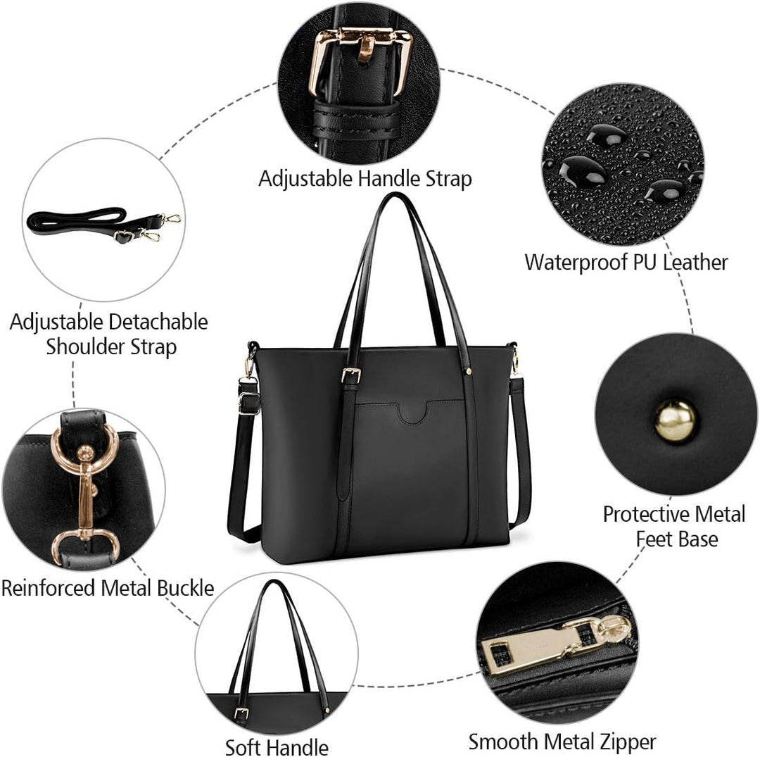 NUBILY Handtasche Shopper Damen Gross 15.6 Zoll PU Leder Shopper Schwarz Laptop Umhängetasche Gross
