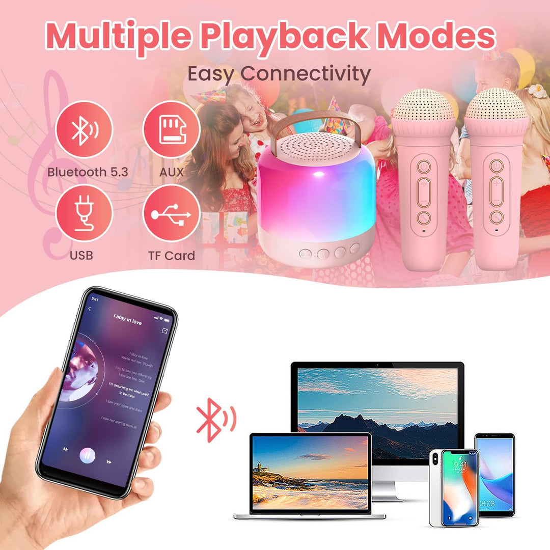 Karaoke Maschine mit 2 Drahtlosen Mikrofonen für Kinder, Tragbarer Bluetooth-Lautsprecher mit LED un
