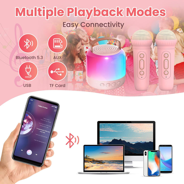Karaoke Maschine mit 2 Drahtlosen Mikrofonen für Kinder, Tragbarer Bluetooth-Lautsprecher mit LED un