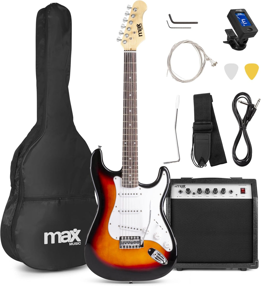 Max GigKit E Gitarre Set, E Guitar, Elektrogitarre mit Verstärker 40 Watt, Gitarrentasche, Plektrum,