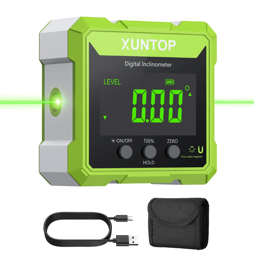 XUNTOP Digitaler Winkelmesser Neigungsmesser Grün Laser Wasserwaage mit LCD Display, Type-C Schnitts